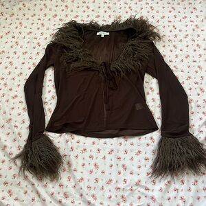 Sheer brown faux fur trimmed top